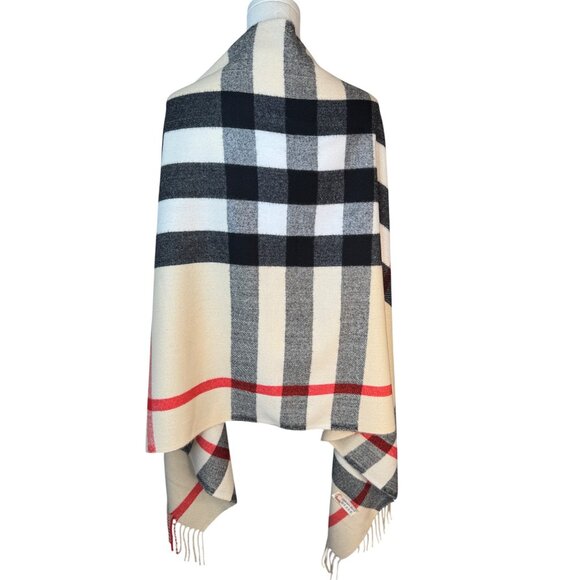 2/$30 New Cashmere Blend Plaid Shawl Wrap With Fringe Cream Red Black White - Picture 9 of 10